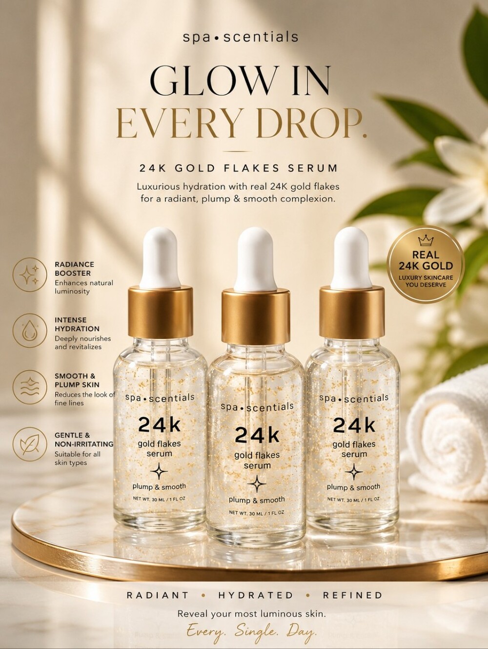 BEST SELLING 24 K GOLD FLAKE SERUM PLUM & SMOOTH BY SPA• SCENTIALS 3-PIECES
